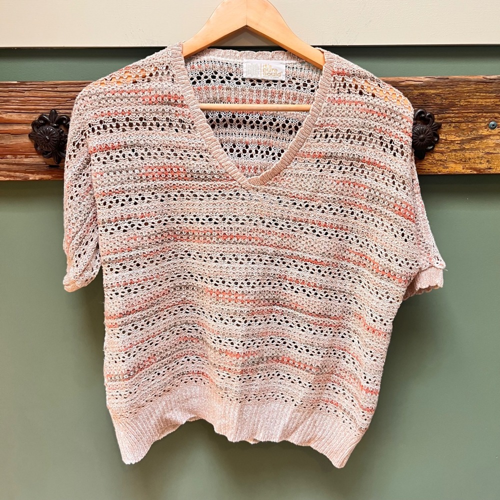 Its Pure Gould‎ Vintage V-Neck Open Knit Striped Short Sleeve Sweater Peach Tan